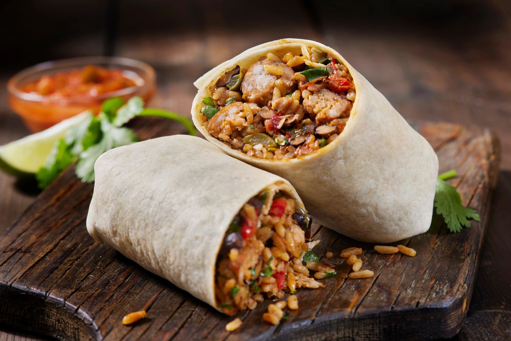 Chorizo wrap with rice, beans, and cilantro